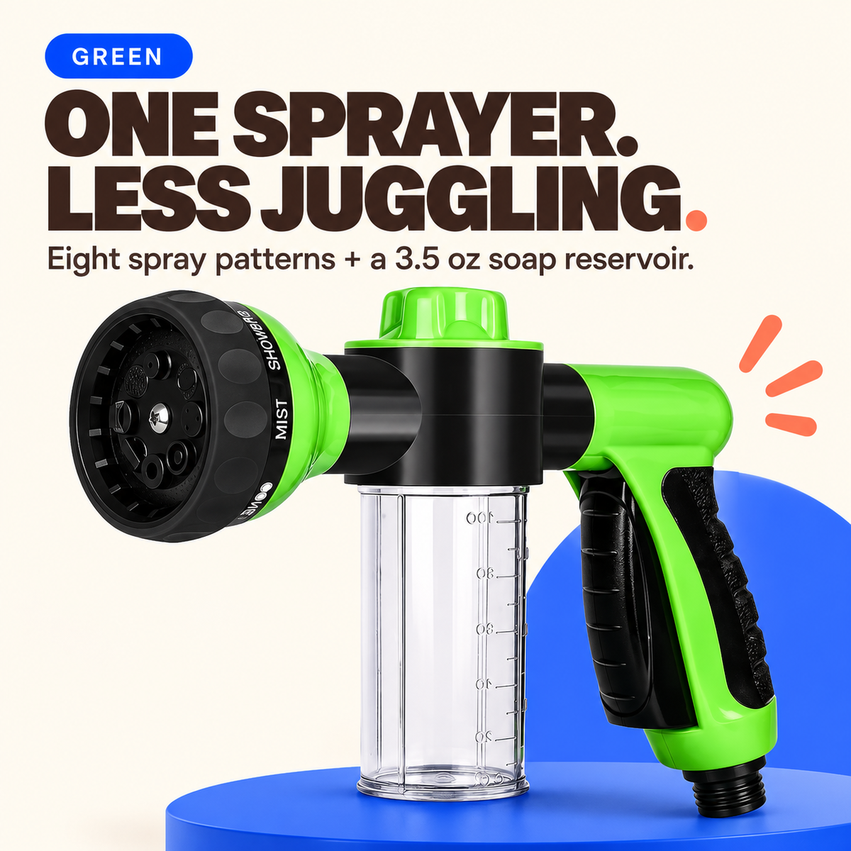Green outdoor dog wash sprayer with eight spray patterns and a clear 3.5 oz soap reservoir.
