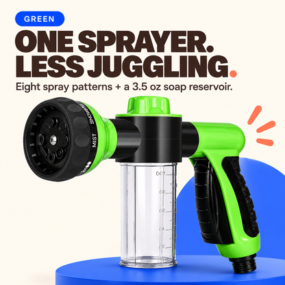 Green outdoor dog wash sprayer with eight spray patterns and a clear 3.5 oz soap reservoir.