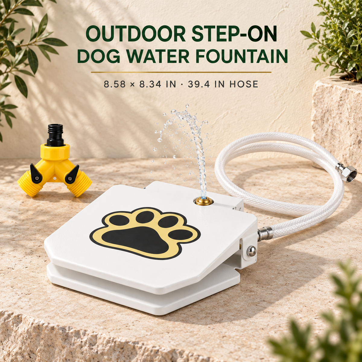 White outdoor step-on dog water fountain with braided hose and yellow two-way splitter.