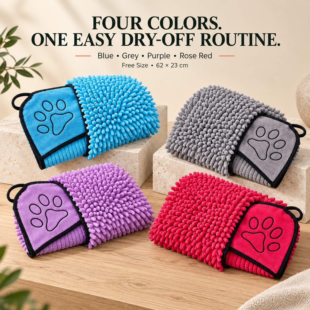 Blue, Grey, Purple, and Rose Red chenille pet drying towels with two hand pockets and black trim.