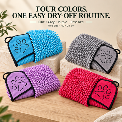 Blue, Grey, Purple, and Rose Red chenille pet drying towels with two hand pockets and black trim.