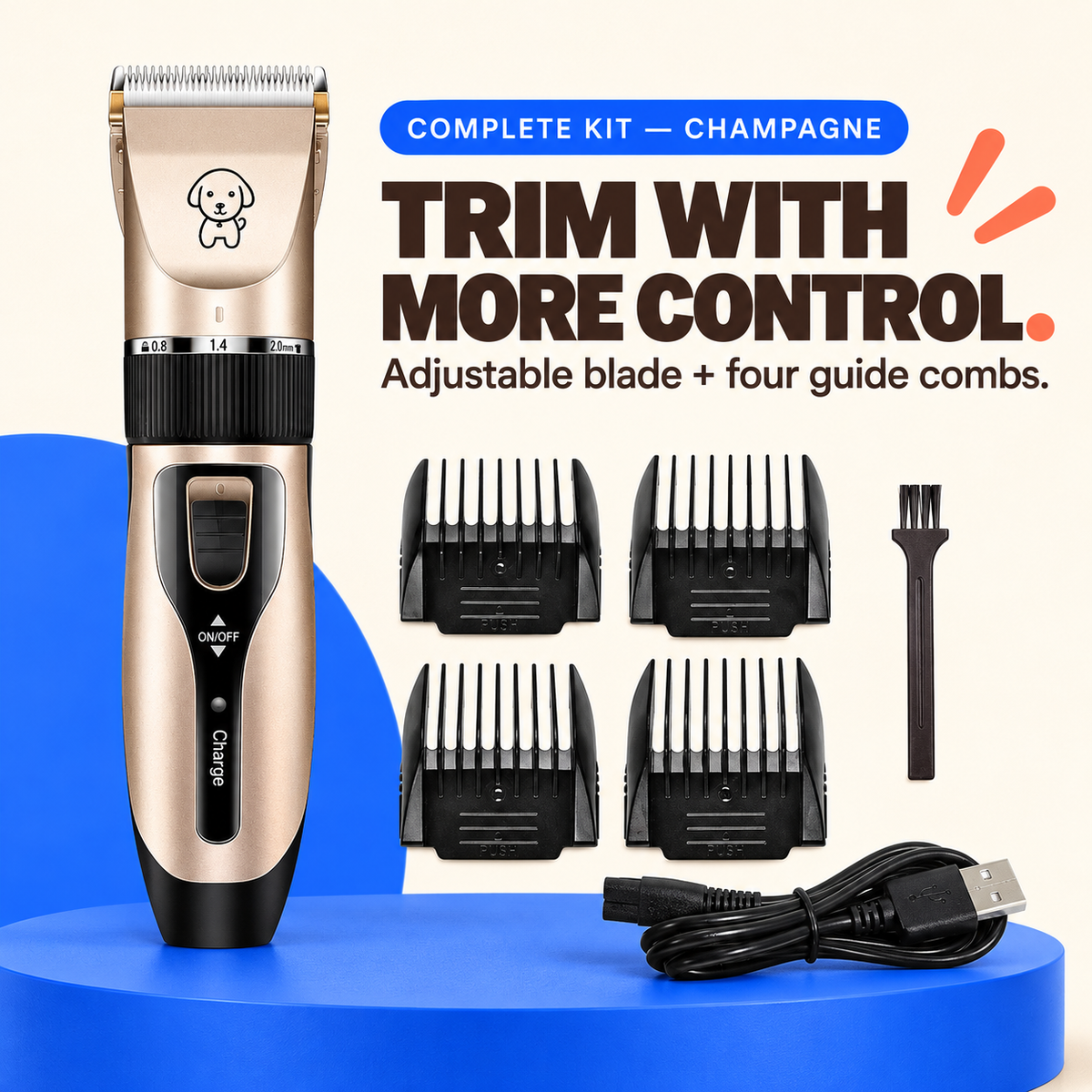 Complete Champagne pet clipper kit with four guide combs, cleaning brush, and USB charging cable.