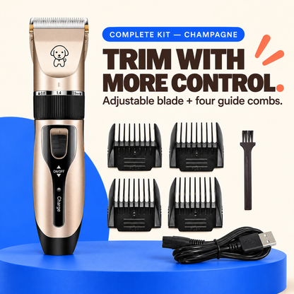 Complete Champagne pet clipper kit with four guide combs, cleaning brush, and USB charging cable.