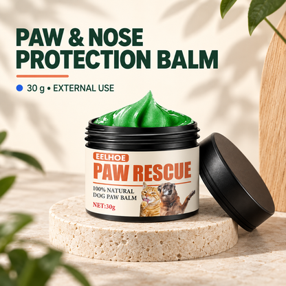 Open 30 g Paw and Nose Protection Balm jar with green balm and its black screw lid on pale limestone.