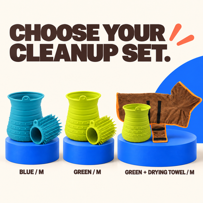 Blue, Green, and Green with Drying Towel Medium silicone dog paw cleaner options.