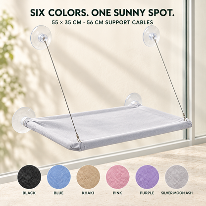 Silver Moon Ash suction cup cat window hammock with 55 by 35 cm platform and six published color swatches.