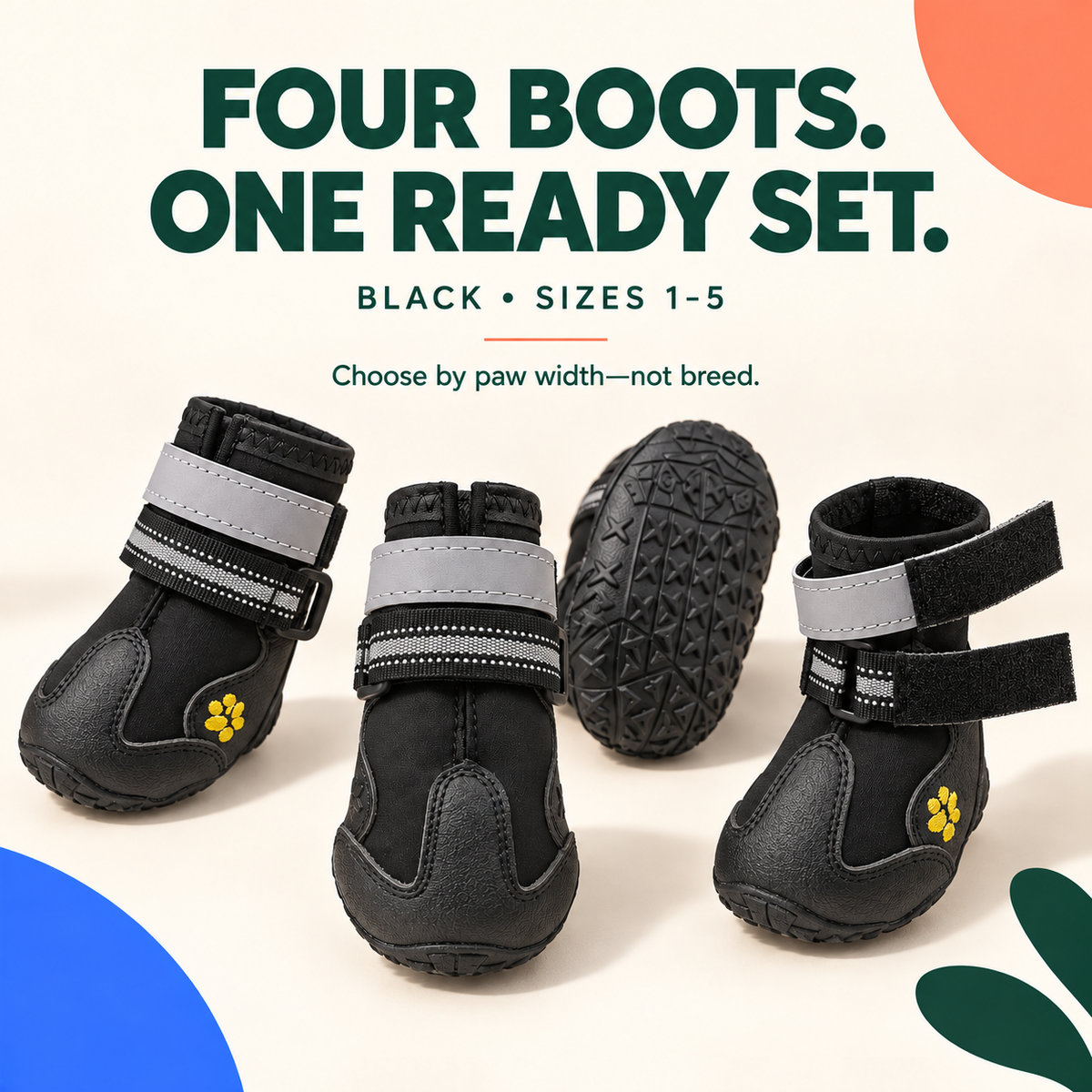 Set of four Black winter dog boots with sizes 1 through 5 selected by paw width.