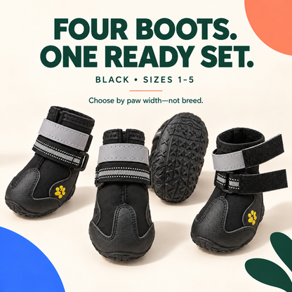 Set of four Black winter dog boots with sizes 1 through 5 selected by paw width.