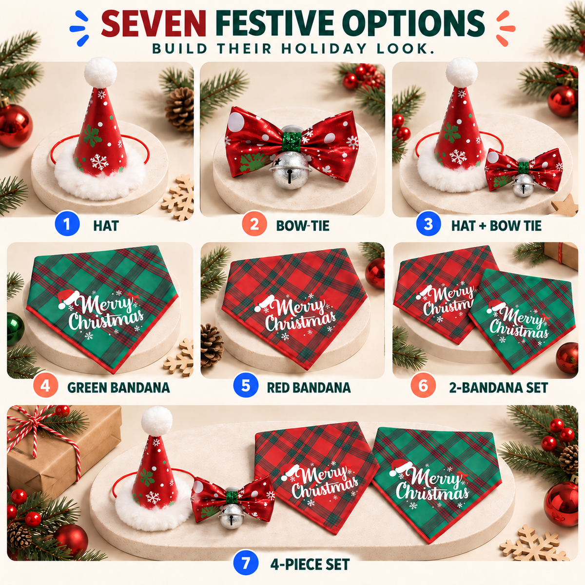 Seven Christmas Pet Dress-Up Set options shown as hat, bow tie, paired sets, bandanas, and complete four-piece set.