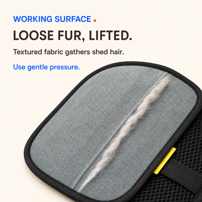 Close-up of the gray grooming surface gathering loose pet fur