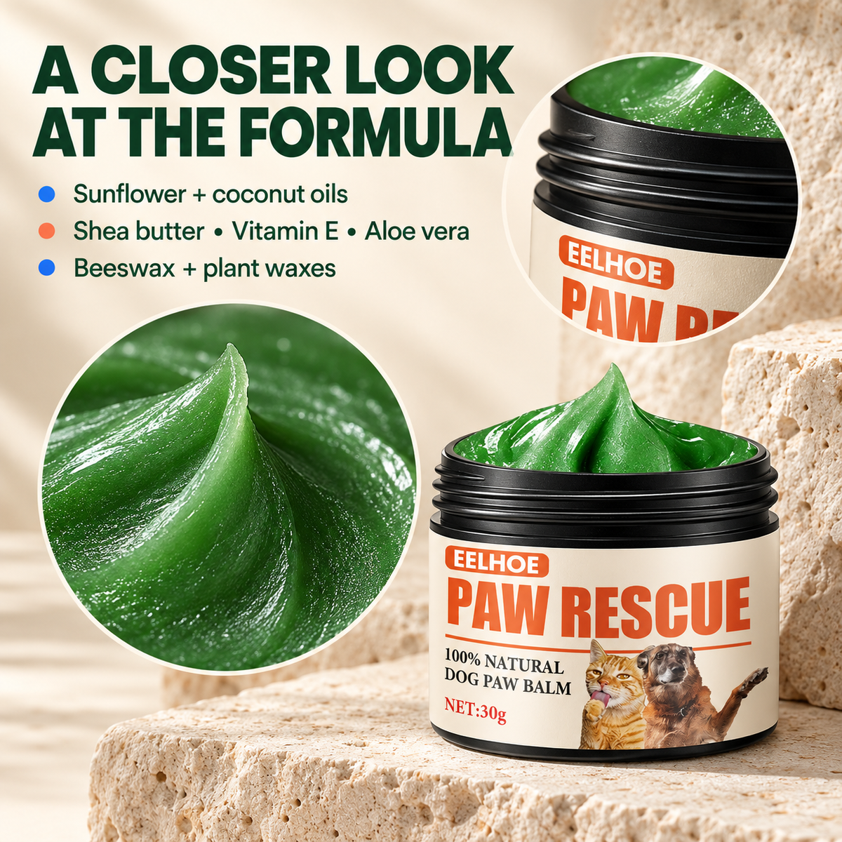 Open 30 g balm jar with close-ups of the green texture, black threads, and listed formula ingredients.