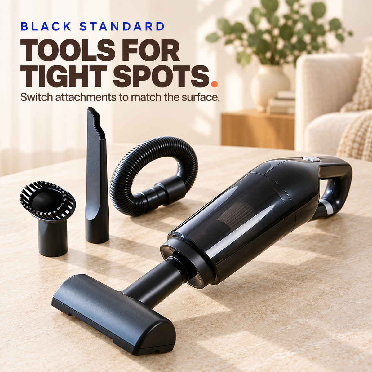 Black cordless pet hair vacuum with floor head, crevice nozzle, flexible hose, and round brush.