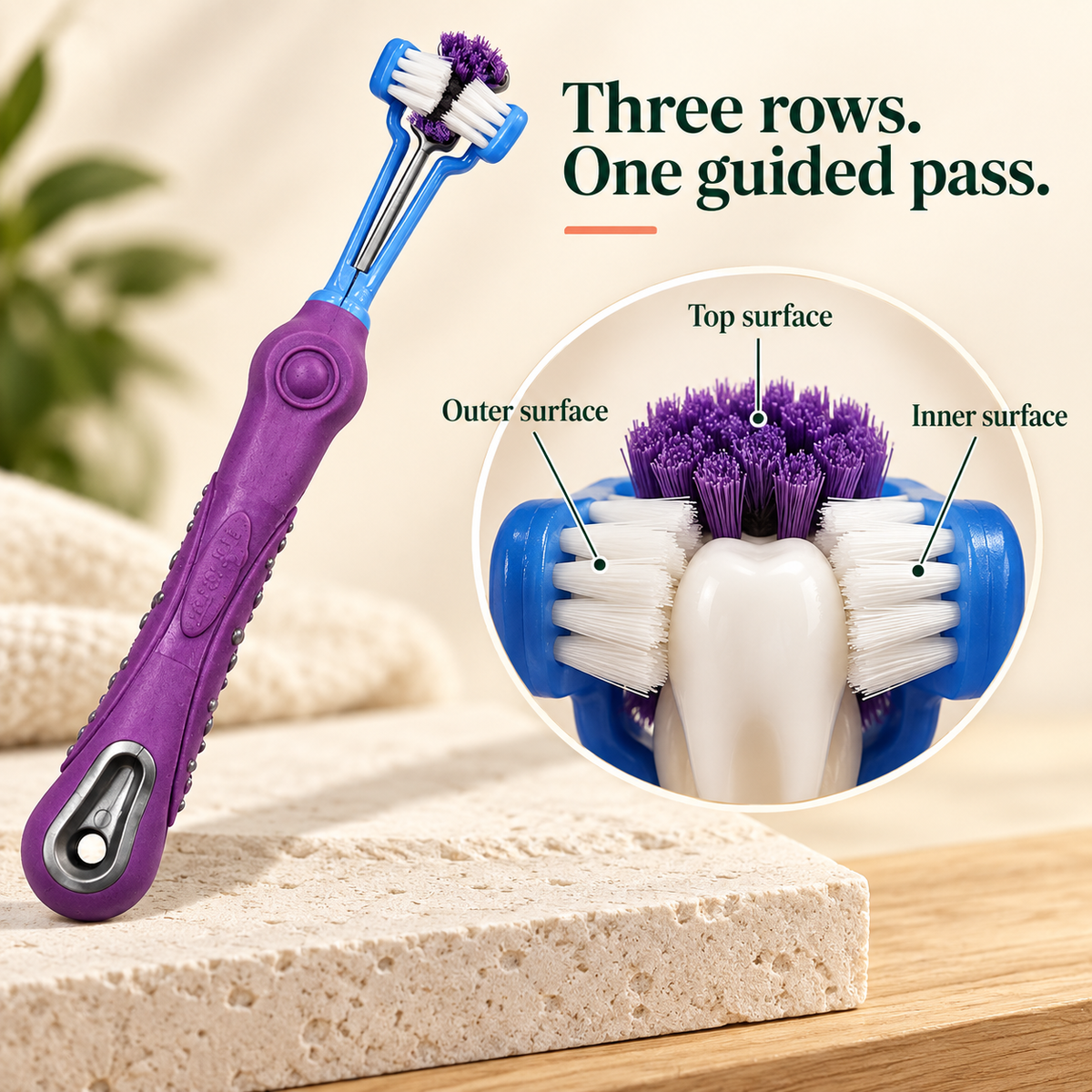 Violet three-sided pet toothbrush with a close-up of the outer, inner, and top bristle surfaces around a tooth model.