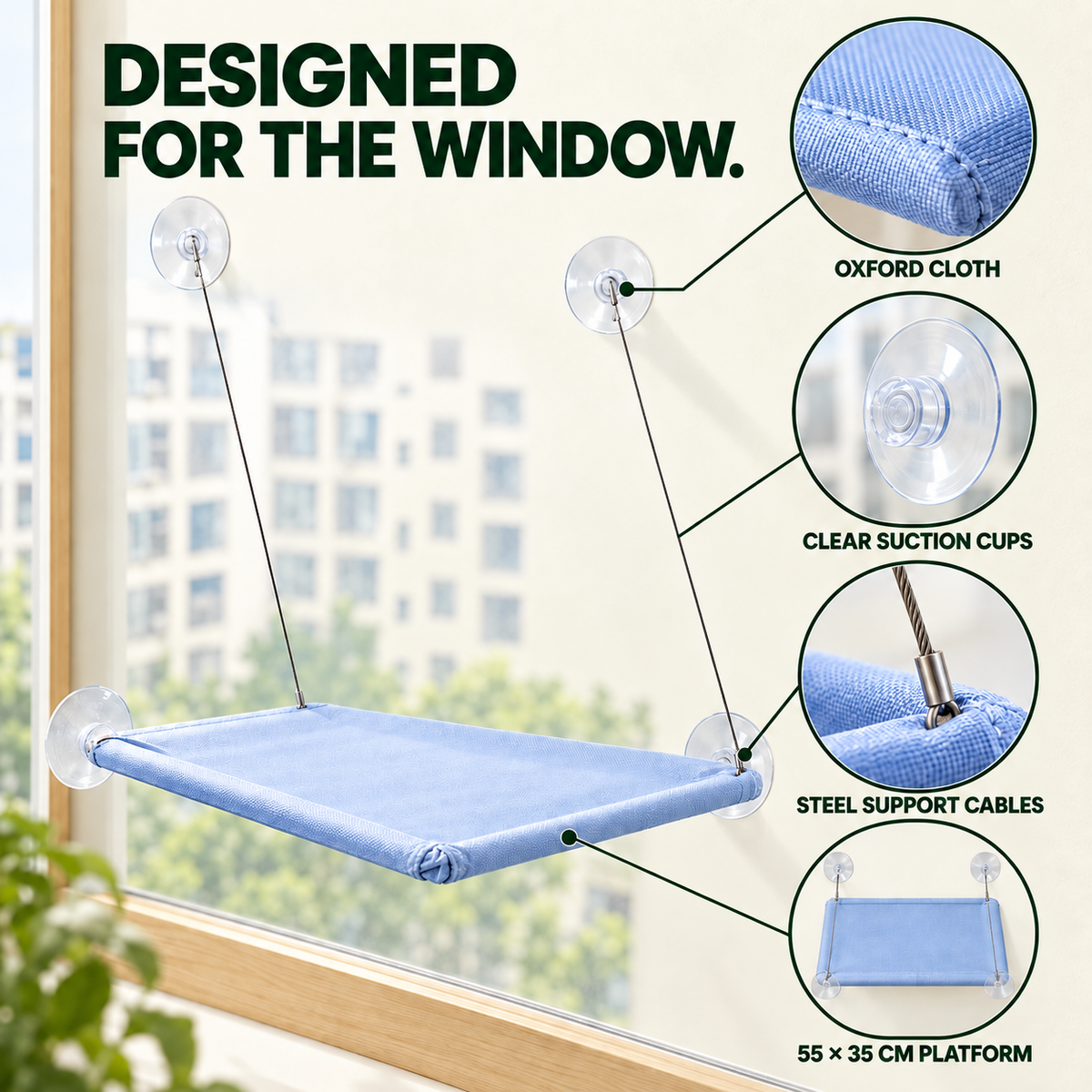 Blue suction cup cat window hammock with close-ups of Oxford cloth, clear suction cups, steel cables, and platform size.