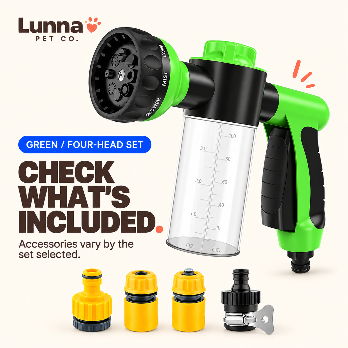 Green outdoor dog wash sprayer with the four connector accessories included in the selected four-head set.