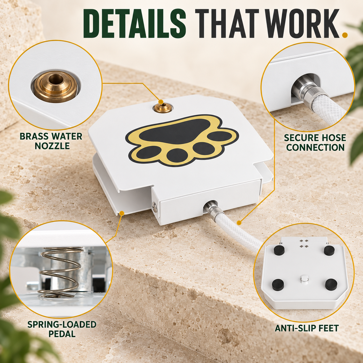 White step-on dog water fountain with close-ups of the brass nozzle, hose connection, pedal spring, and anti-slip feet.