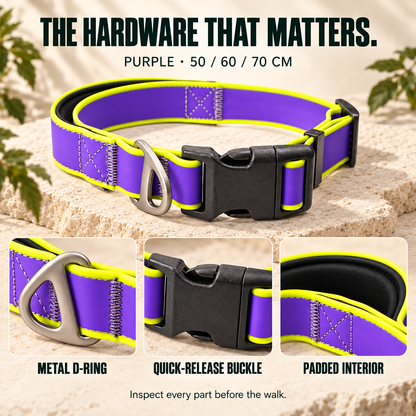 Purple tactical-style dog collar with close views of its metal D-ring, quick-release buckle, and padded interior.