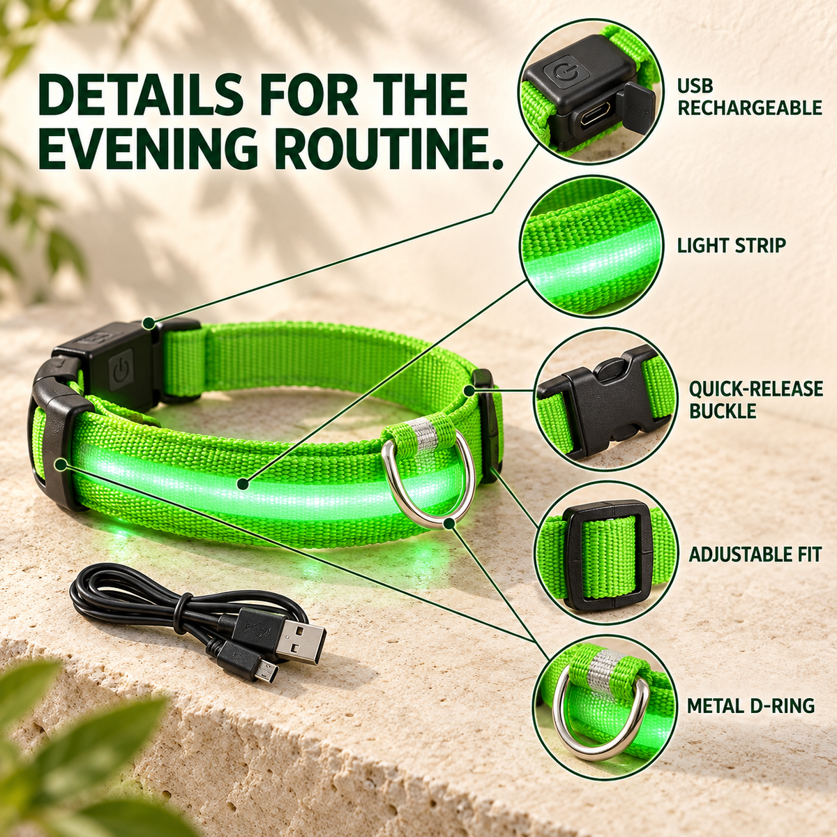 Green rechargeable LED dog collar with close-ups of its USB module, light strip, quick-release buckle, adjuster, and metal D-ring.