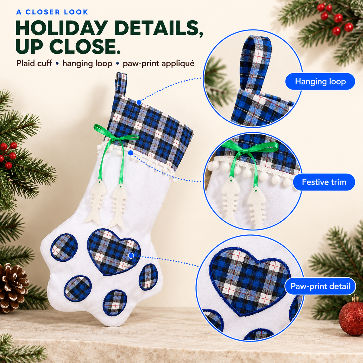 Blue Paw Print Christmas Stocking with close-ups of the hanging loop, festive trim, and plaid paw-print applique.