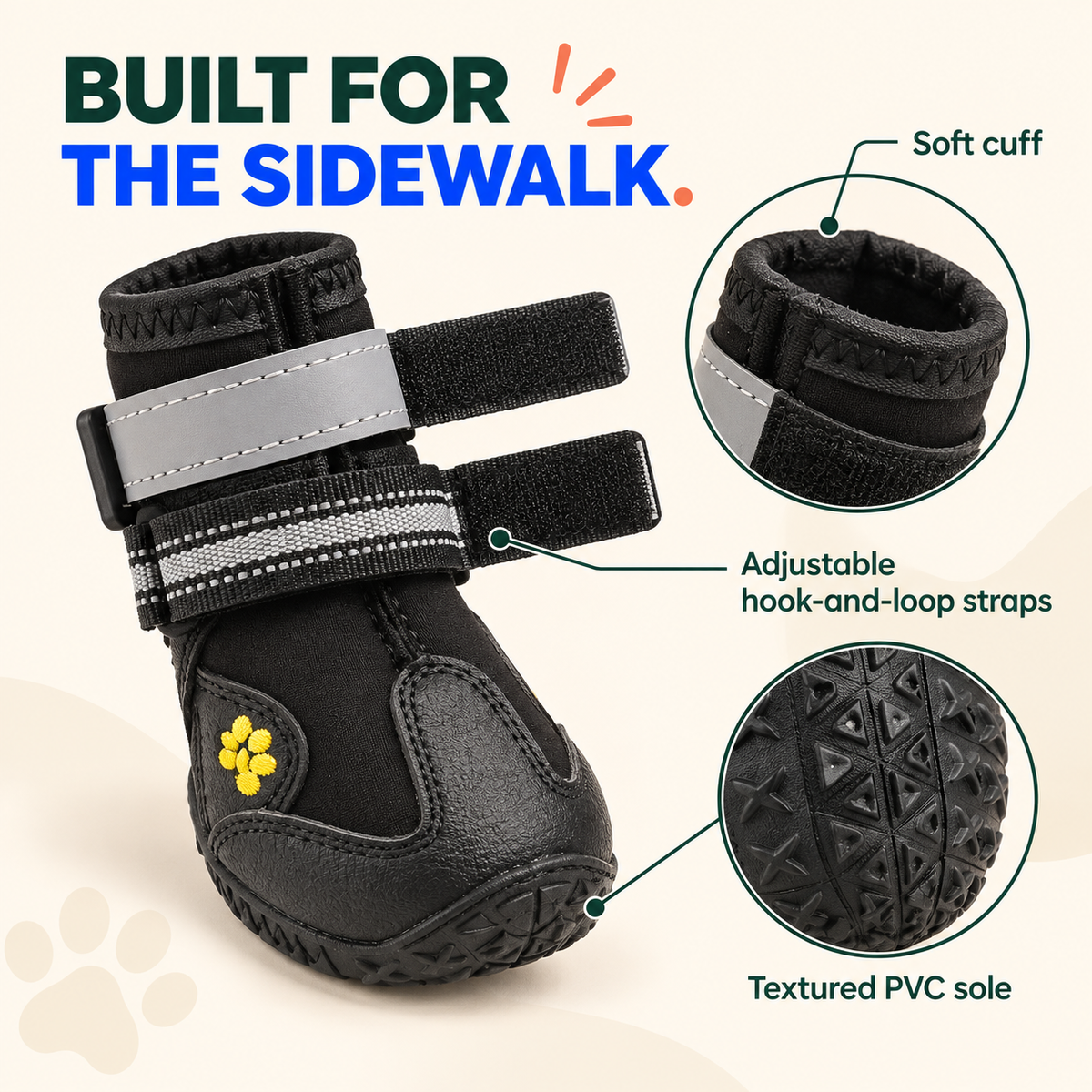 Black winter dog boot with textured PVC sole, adjustable hook-and-loop straps, and soft cuff.