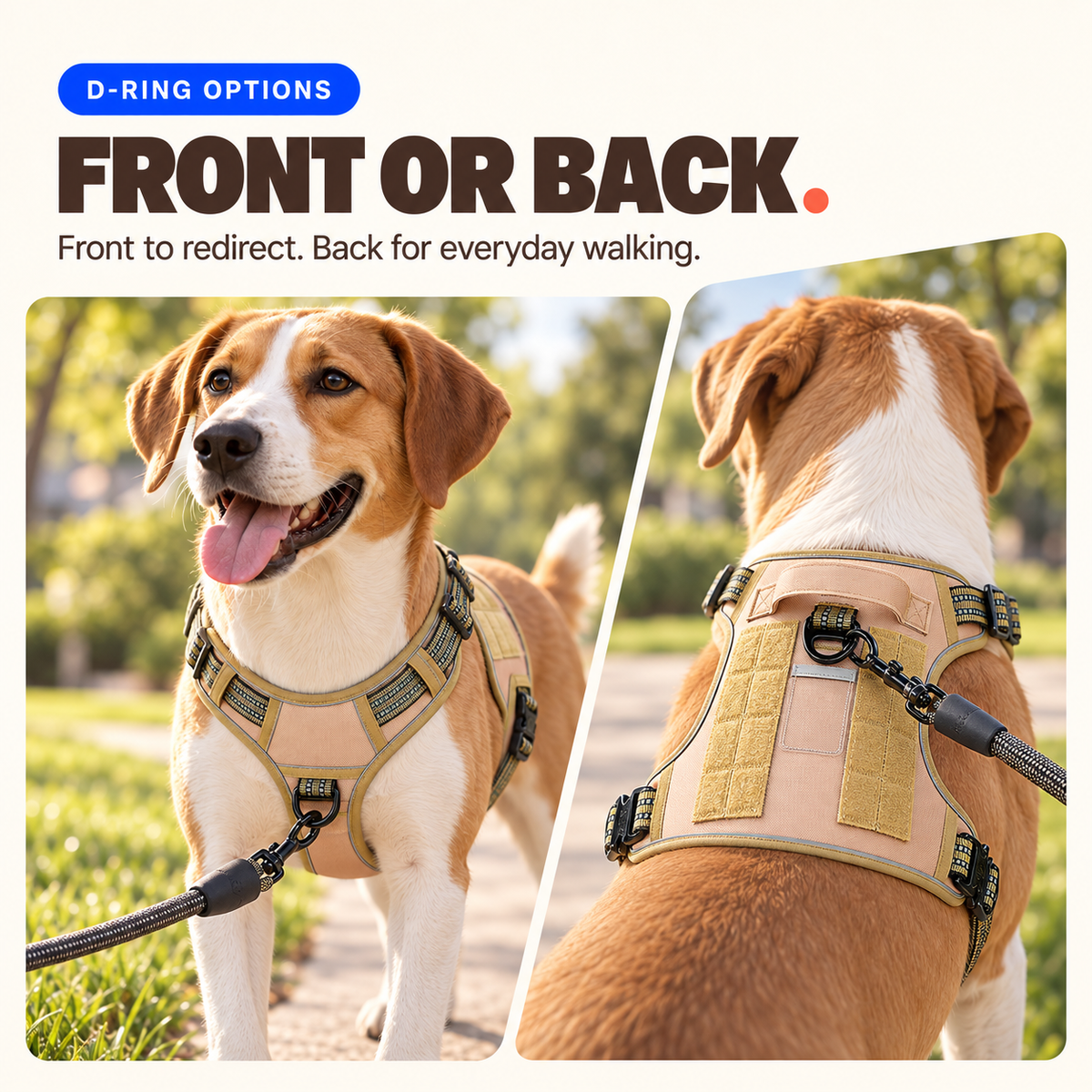 Front and back views show both leash attachment points on a Khaki heavy-duty tactical dog harness.