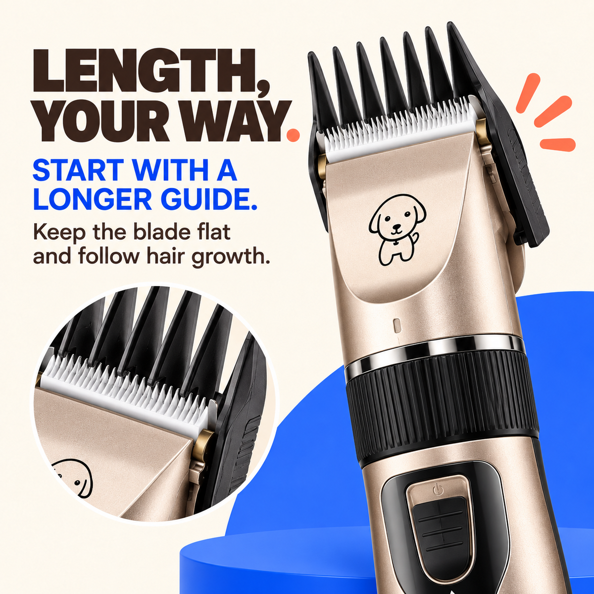 Close-up of the adjustable blade and attached guide comb on a Champagne cordless pet clipper.