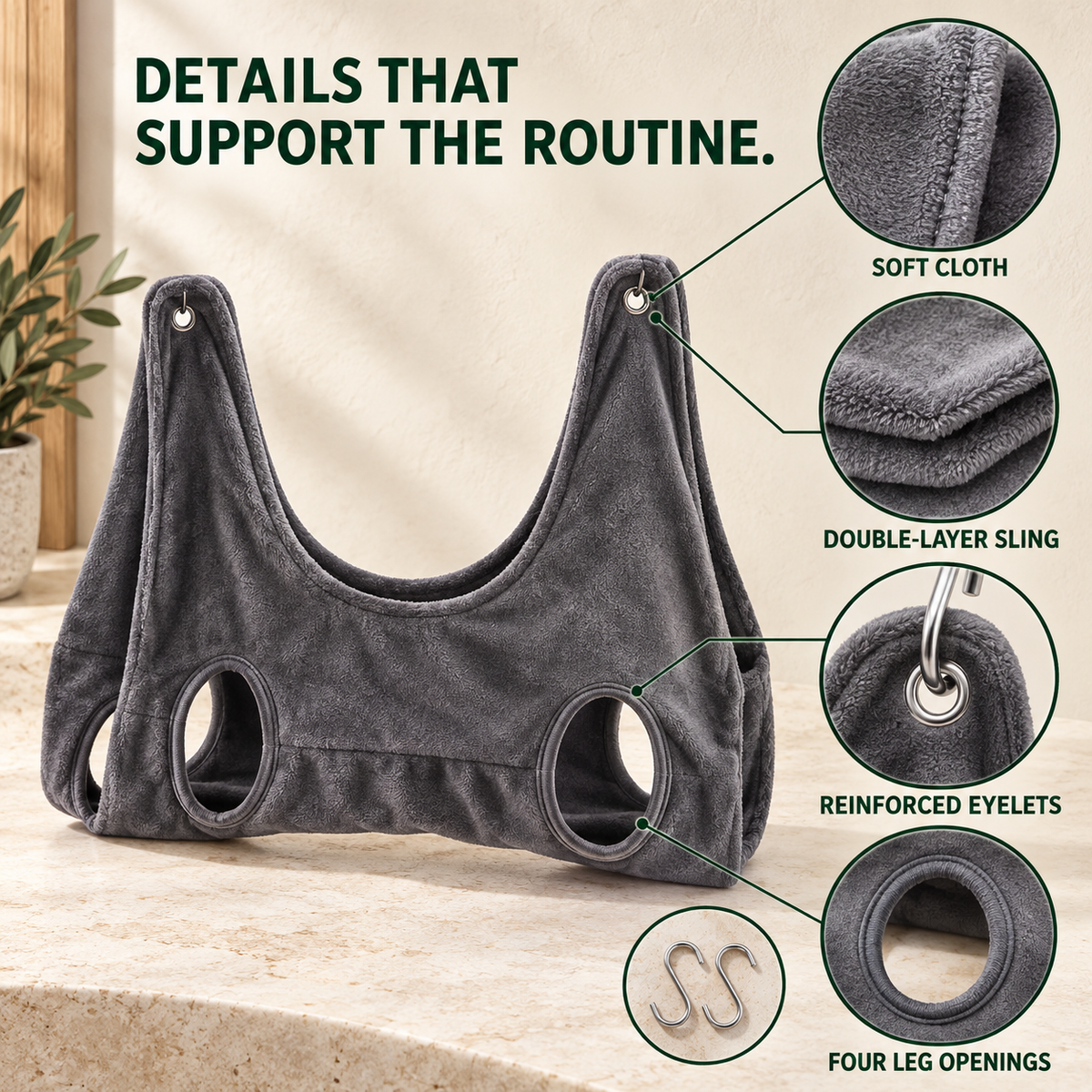 Grey nail-trimming grooming hammock with close-ups of soft cloth, double-layer construction, reinforced eyelets, and leg openings.