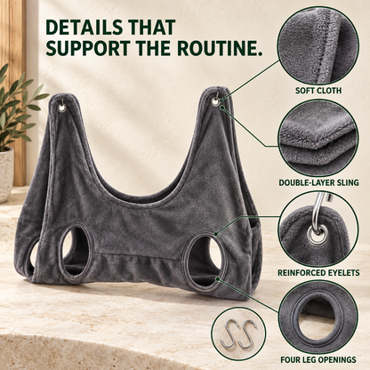 Grey nail-trimming grooming hammock with close-ups of soft cloth, double-layer construction, reinforced eyelets, and leg openings.