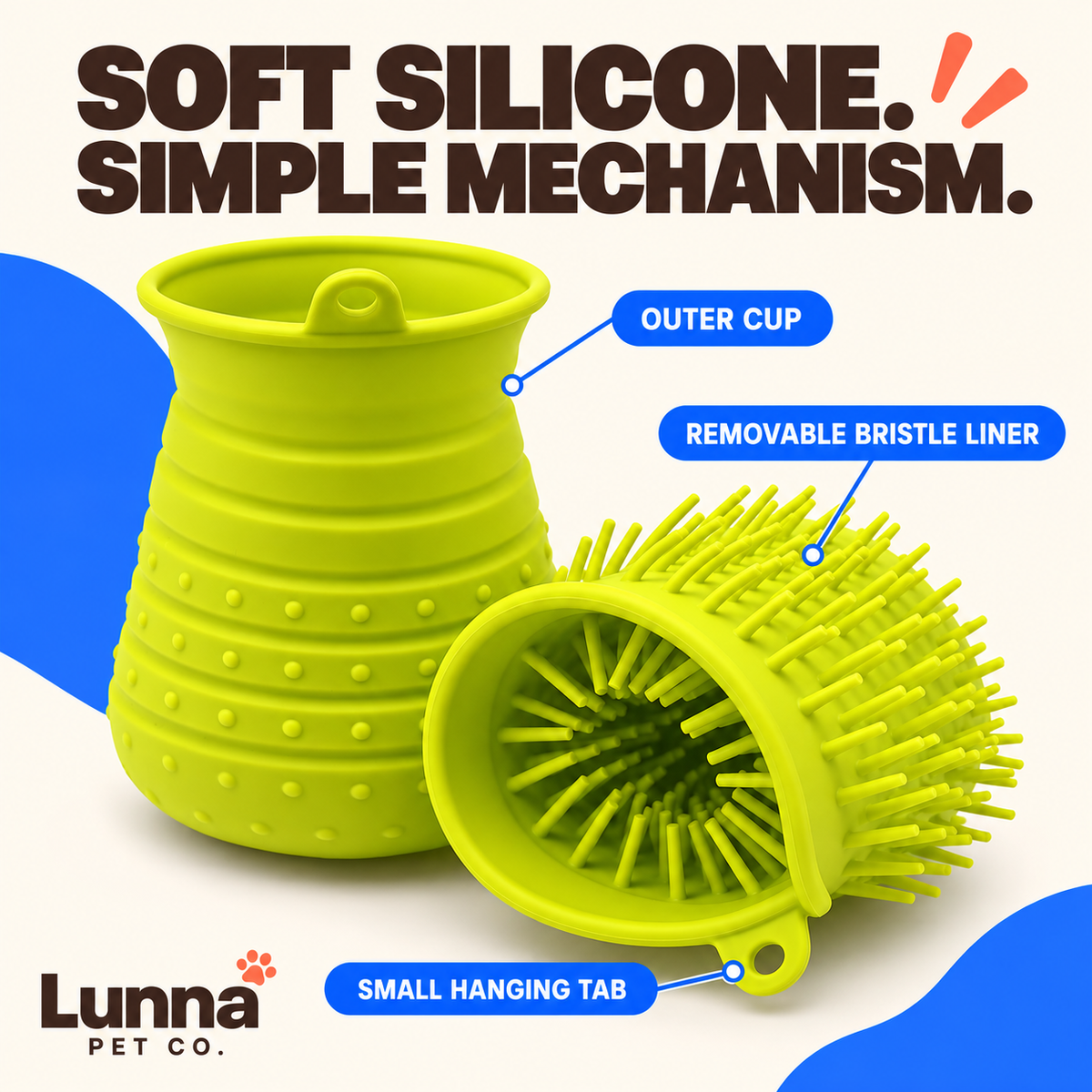 Green silicone paw cleaner with removable bristle liner and small hanging tabs.
