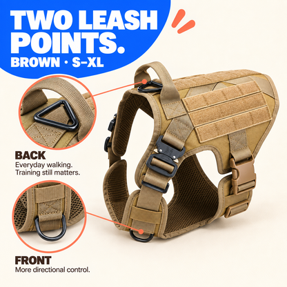 Brown tactical dog harness with close views of the front and rear leash attachment points.