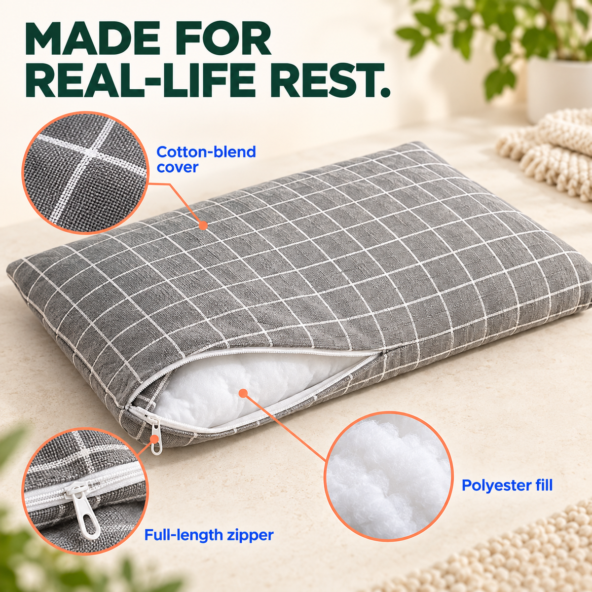 Grey Plush Winter Pet Bed Mat with close-ups of its cotton-blend cover, polyester fill, and full-length zipper.