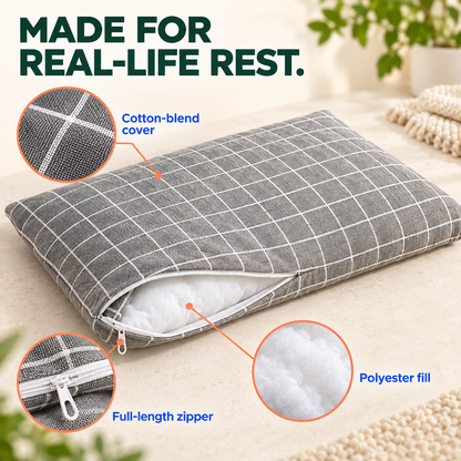 Grey Plush Winter Pet Bed Mat with close-ups of its cotton-blend cover, polyester fill, and full-length zipper.