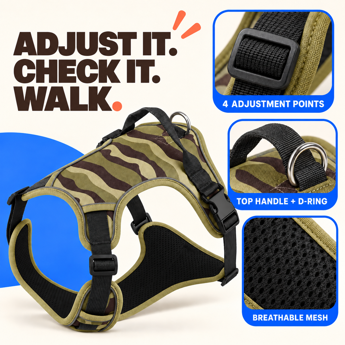 Army Green adjustable dog harness with close-ups of an adjuster, top handle, D-ring, and breathable mesh.