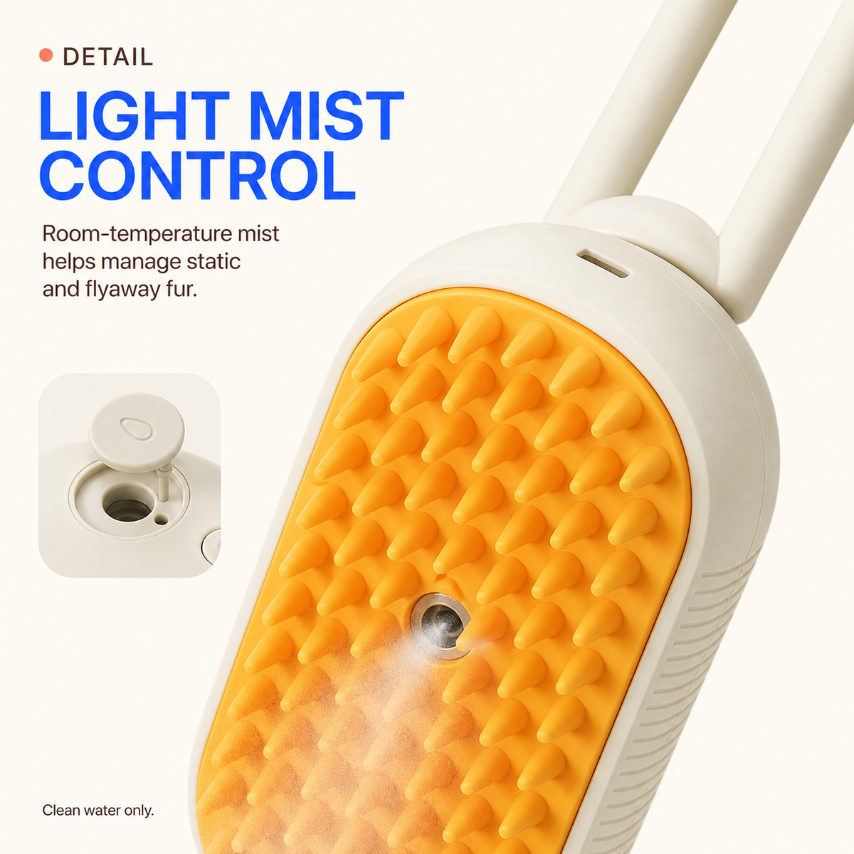 Cream misting grooming brush showing orange silicone bristles and central mist nozzle