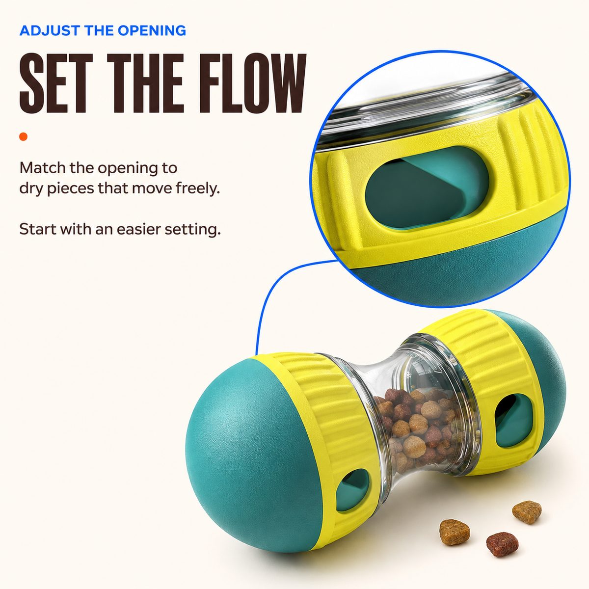 Close view of the adjustable dispensing opening on the Green dog puzzle toy