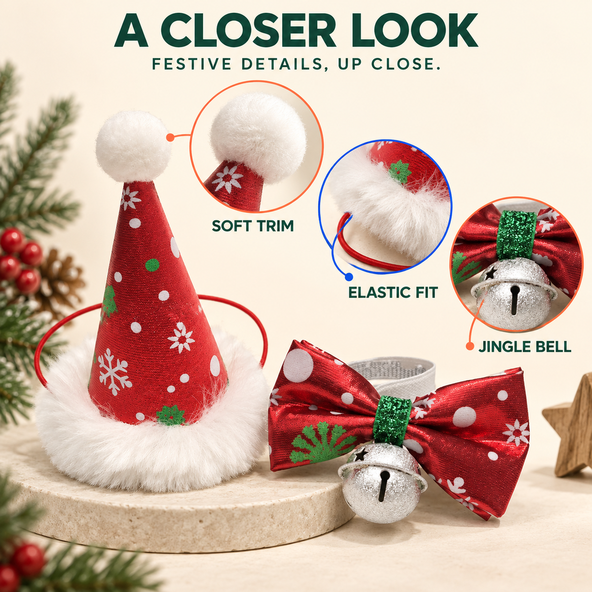 Red Christmas pet hat and bow tie with close-ups of the soft trim, elastic fit, and silver jingle bell.