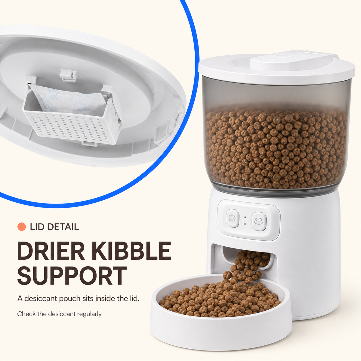 Desiccant pouch holder inside the lid of the white 3.5L Wi-Fi pet feeder