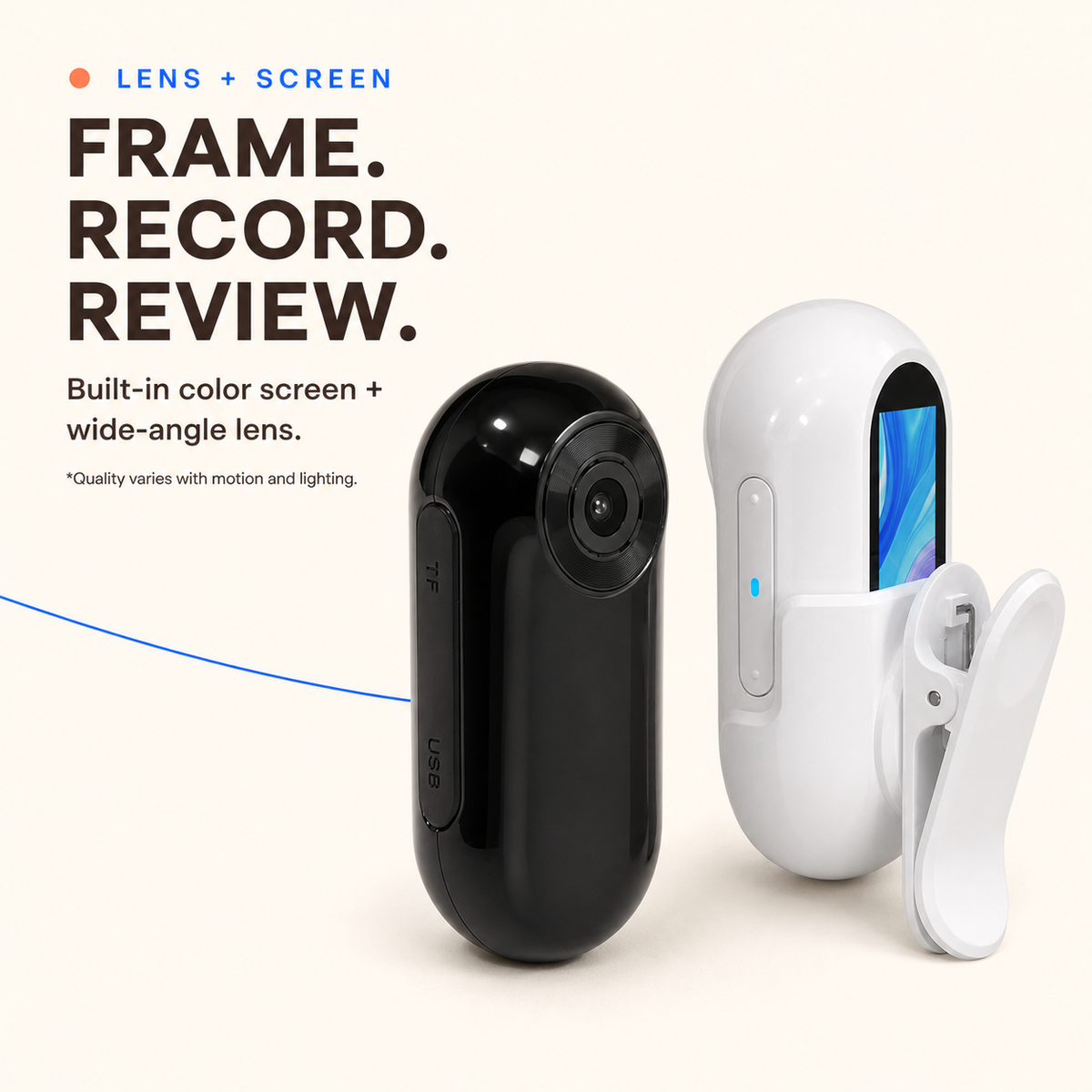 Front lens and rear color screen views of the black and white pet collar camera