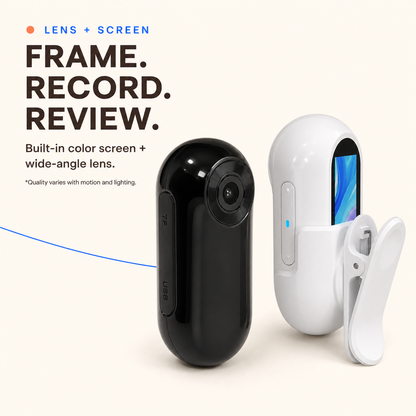 Front lens and rear color screen views of the black and white pet collar camera