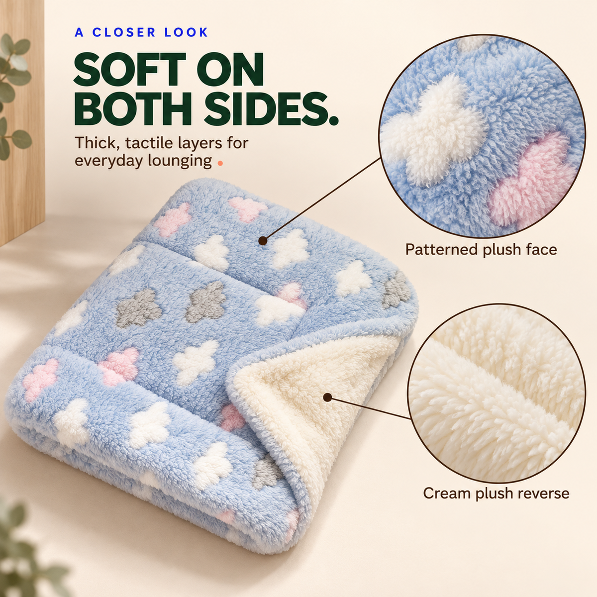 Blue clouds thick flannel pet blanket with close-ups of the patterned plush face and cream plush reverse.
