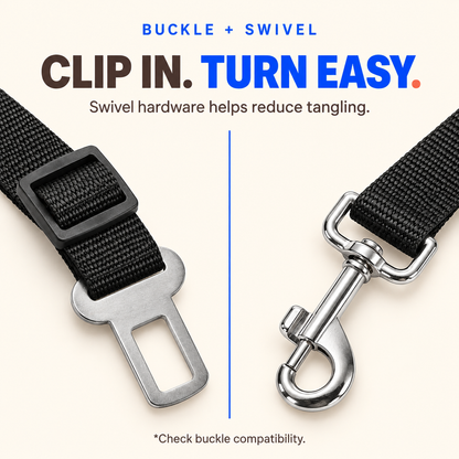 Close-up of a black dog car tether seatbelt tongue and silver swivel snap hook.