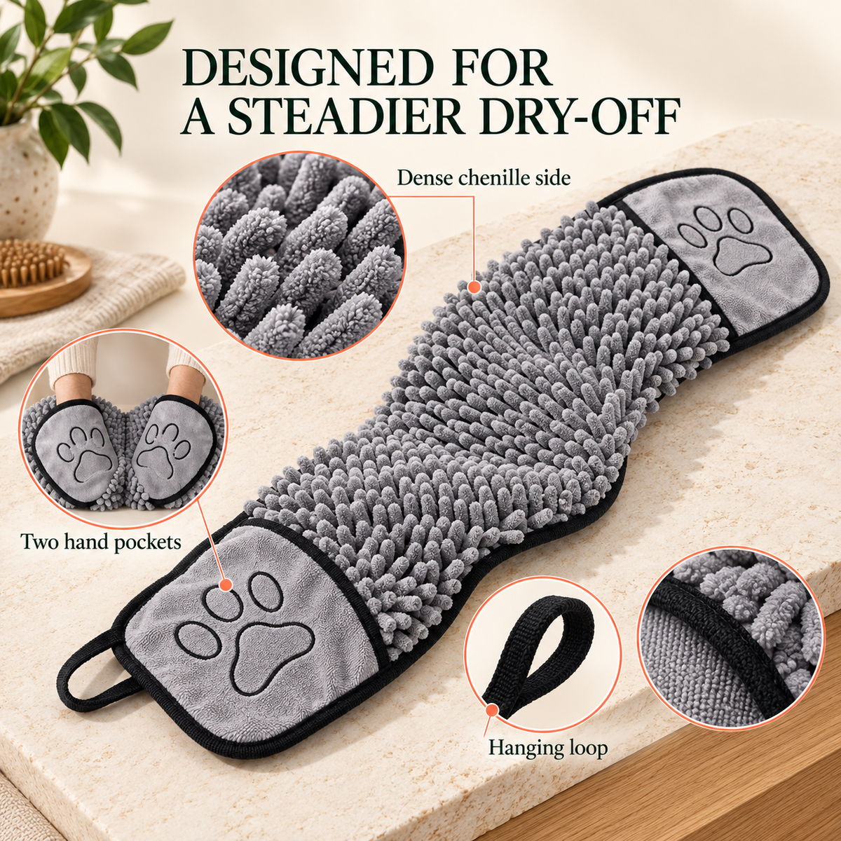 Grey pet drying towel with close-ups of its dense chenille side, two hand pockets, and hanging loop.