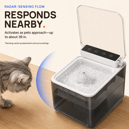 Close-up of the pet water fountain control panel and radar-sensing flow