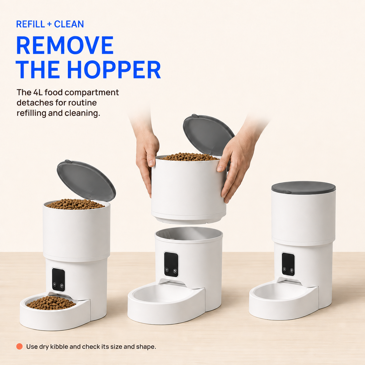 White 4L smart feeder showing the removable hopper for refilling and cleaning