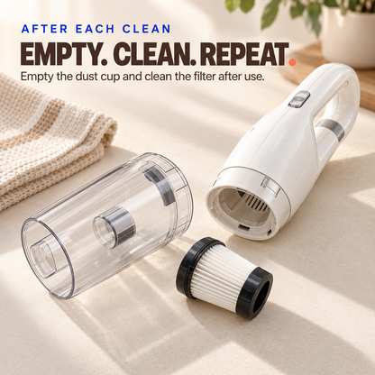 White cordless pet hair vacuum with removable clear dust cup and pleated filter.