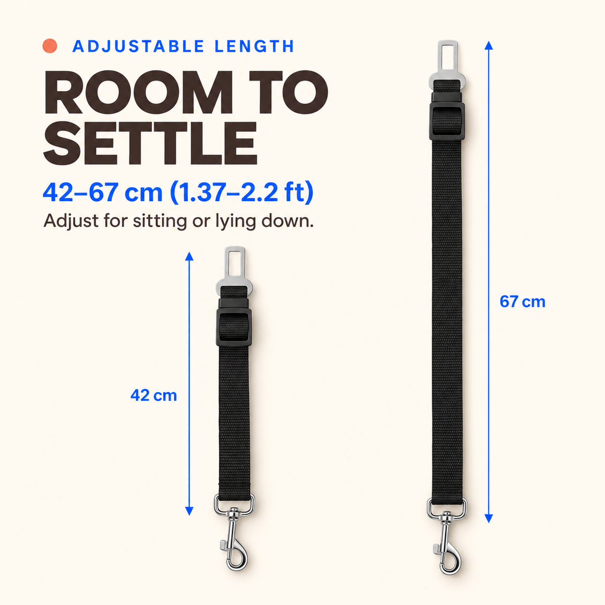 Black dog car tether shown adjusted from 42 to 67 centimeters.