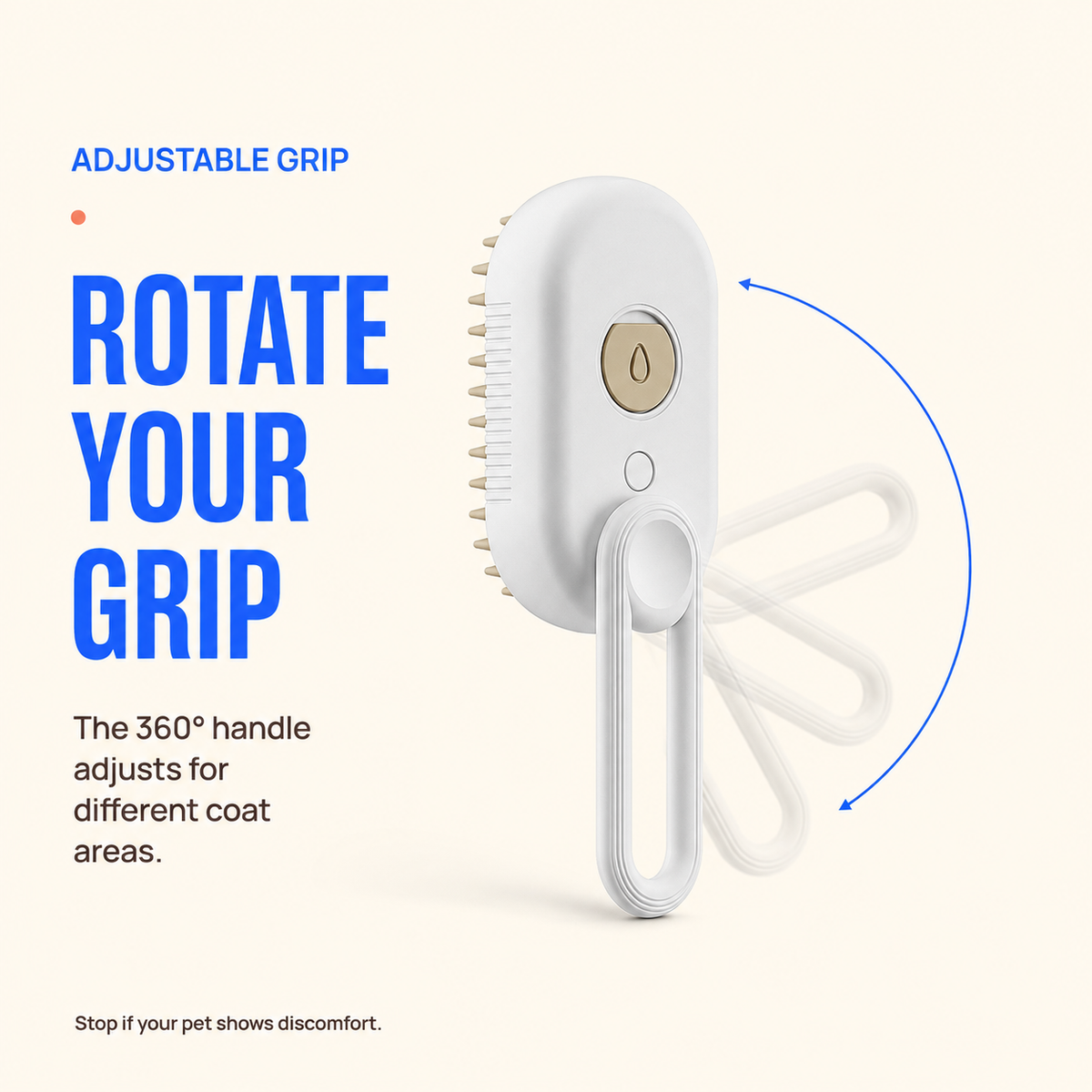 Porcelain White misting grooming brush showing the rotating loop handle