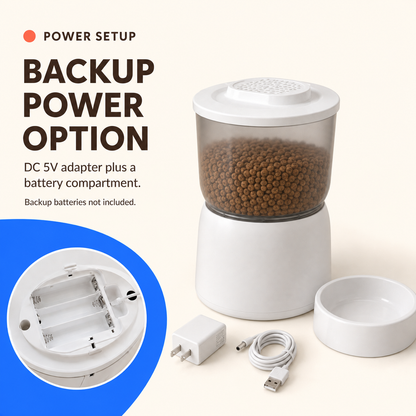 White 3.5L Wi-Fi pet feeder with DC 5V adapter and backup battery compartment