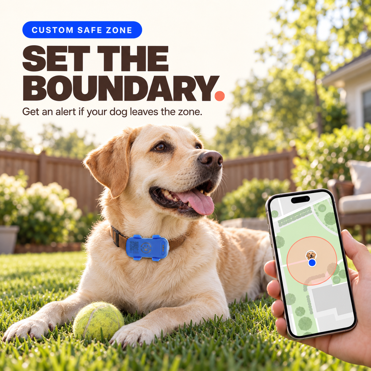 Dog wearing a Blue and White GPS tracker beside a phone displaying a custom safe-zone map.