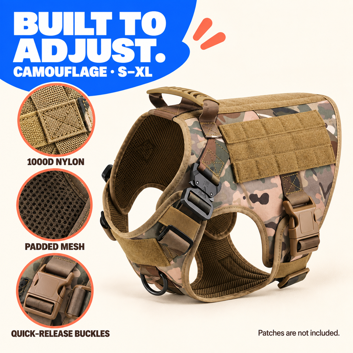 Camouflage tactical dog harness with close views of 1000D nylon, padded mesh, and quick-release buckles.